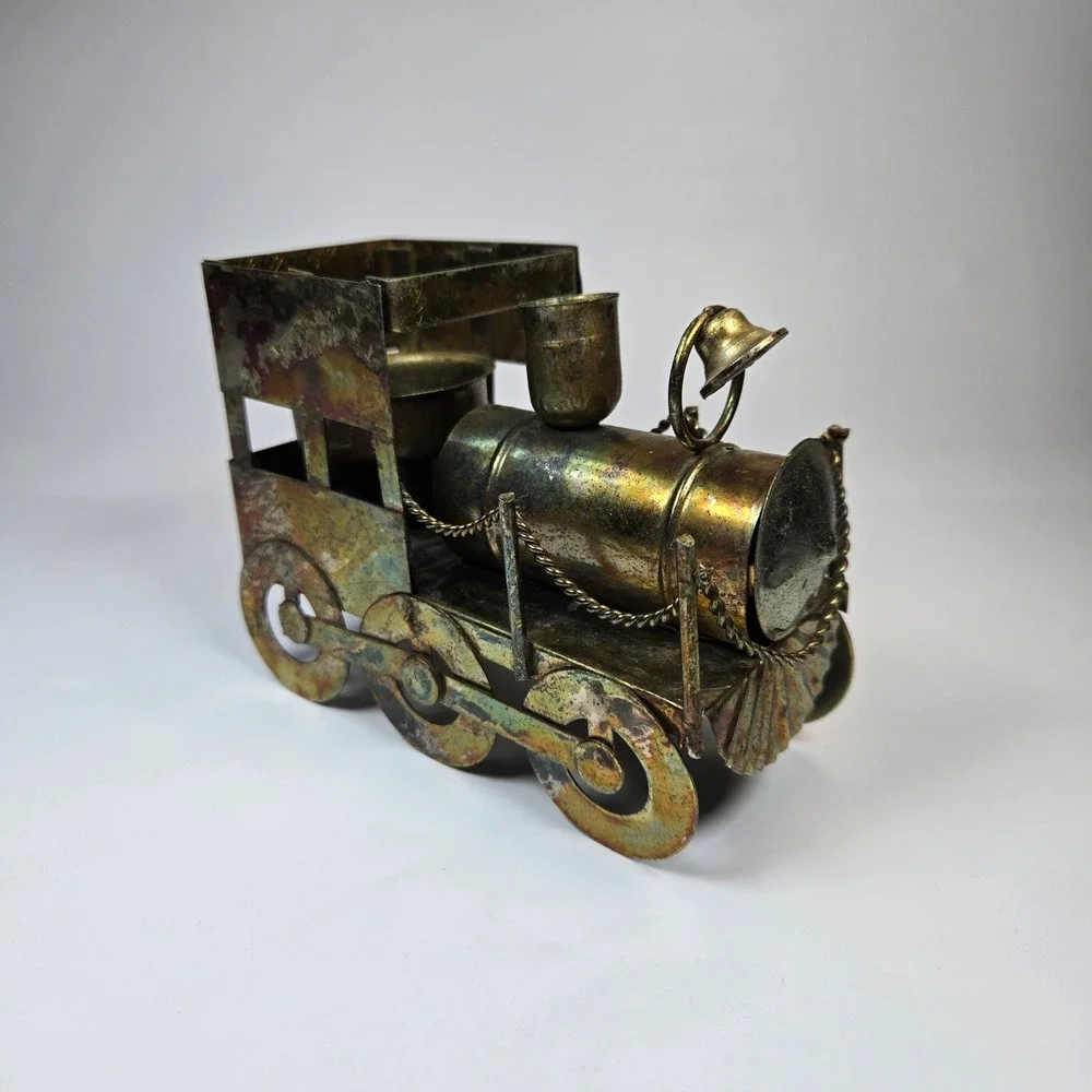 Vintage Metal Tin Train Railroad Engine Candle Holder Patina Copper Brass Tone‎